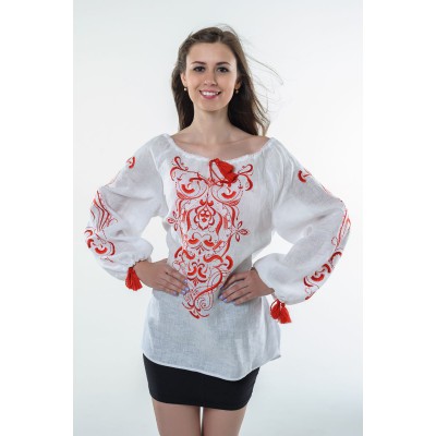 Boho Style Ukrainian Embroidered Folk  Blouse "Magic Herbs" red on white
